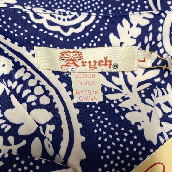 Aryeh Navy & Cream Paisley Quarter Sleeve Dress Size Large NWT - Picture 6 of 8
